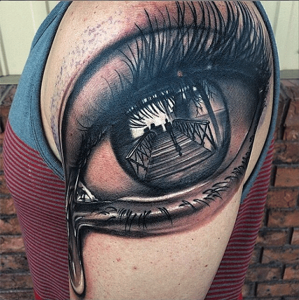 Amazing Crying Eye Tattoo On Left Shoulder By Jasen Workman