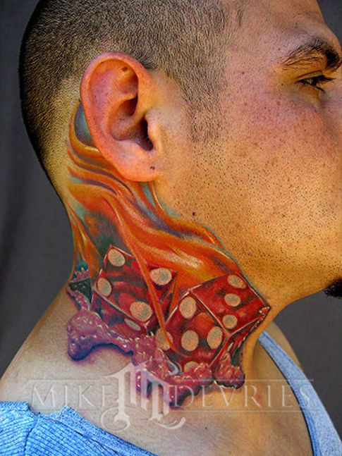Amazing Dice In Flame Tattoo On Man Side Neck By Mike Devries