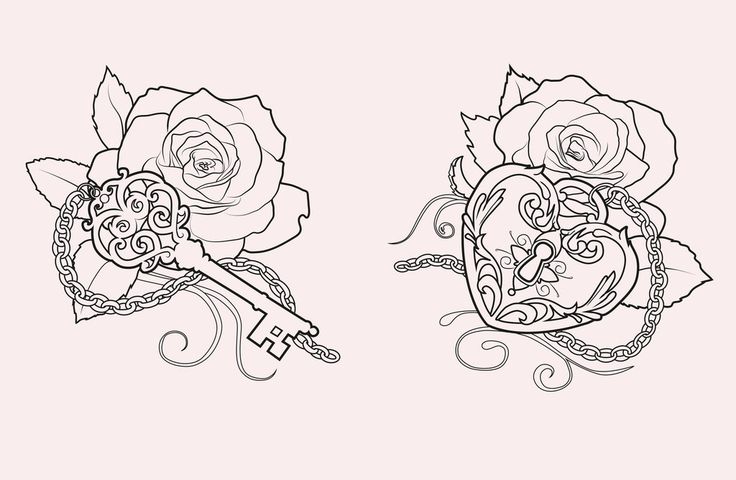 Amazing Heart Shape Lock And Key With Two Roses Tattoo Stencil By Martine