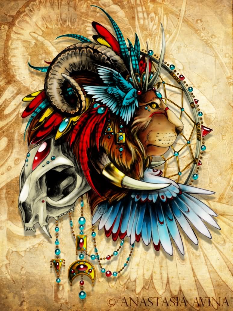Amazing Lion head with horn, wings and jewels colored tattoo sketch by Quidames