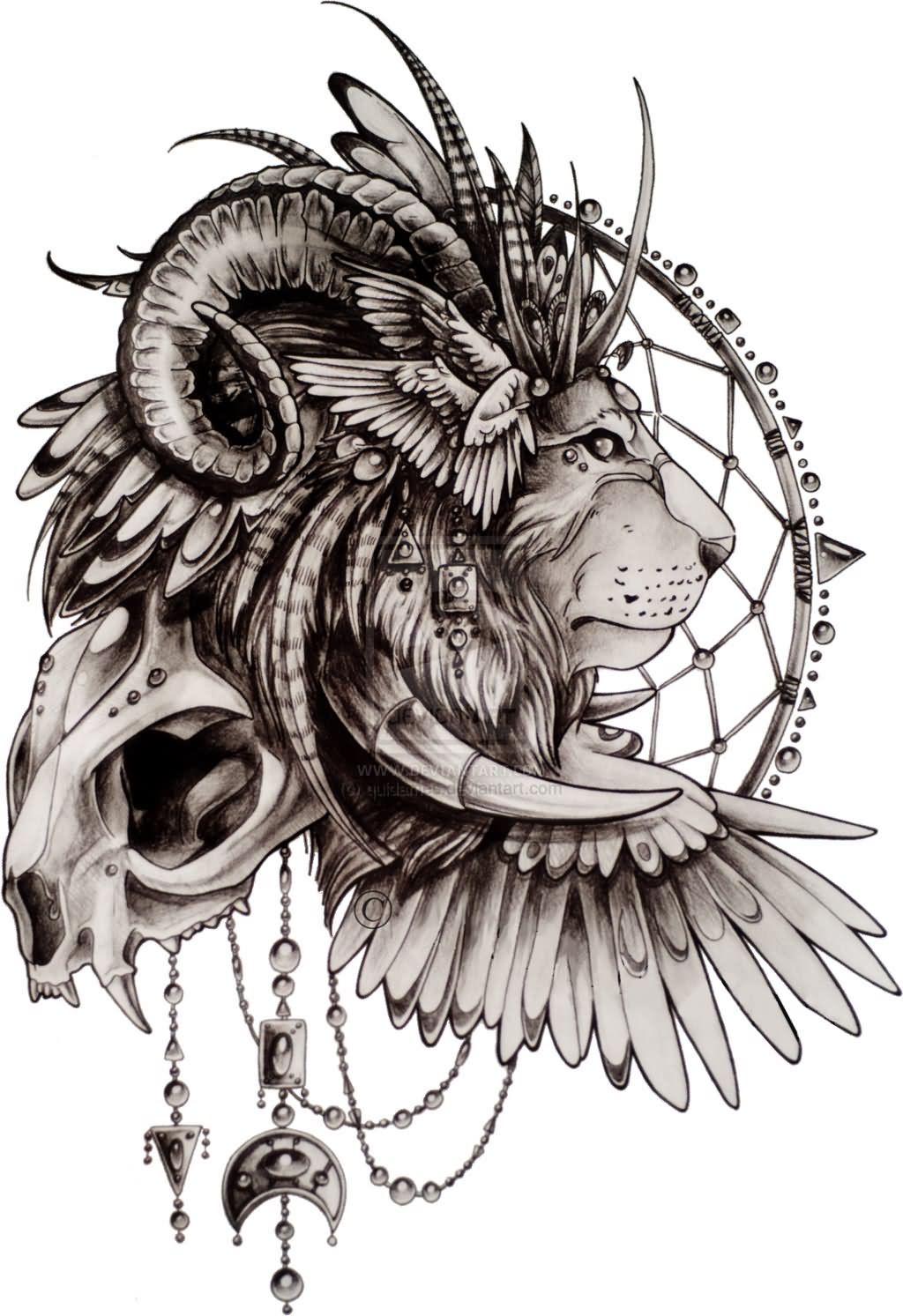 Amazing Lion head with horn, wings and jewels tattoo sketch by Quidames