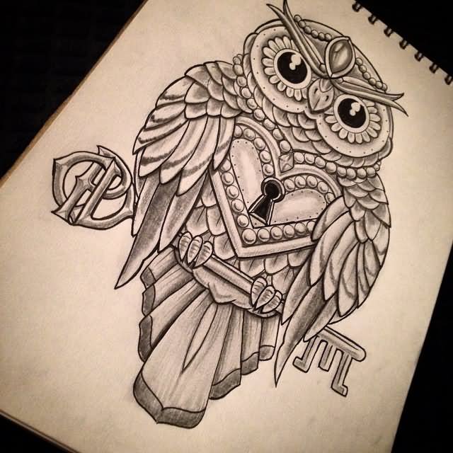 Amazing Owl Lock With Key Tattoo Design