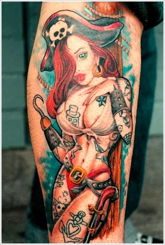 Amazing Pin Up Pirate Girl Tattoo On Leg