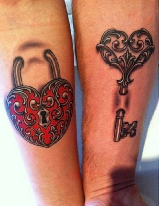 Amazing Ripped Skin Heart Shape Lock And Key Tattoo On Couple Forearm