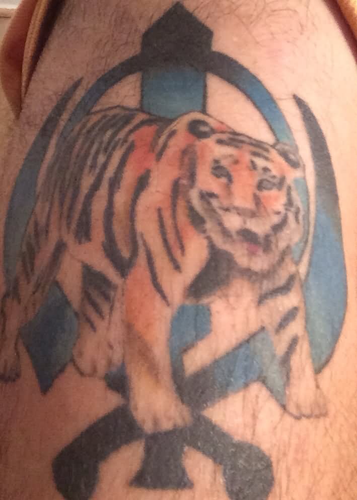 Amazing Sikhism Khanda With Tiger Tattoo Design For Shoulder