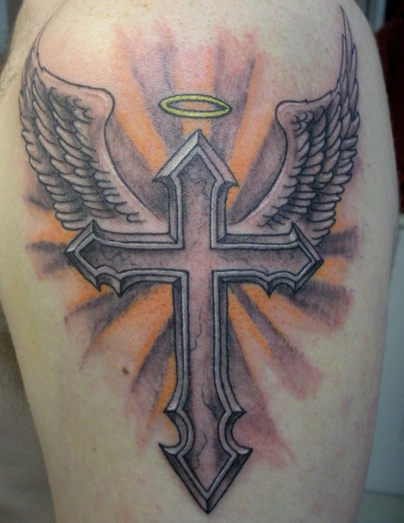 Amazing black ink cross with wings tattoo