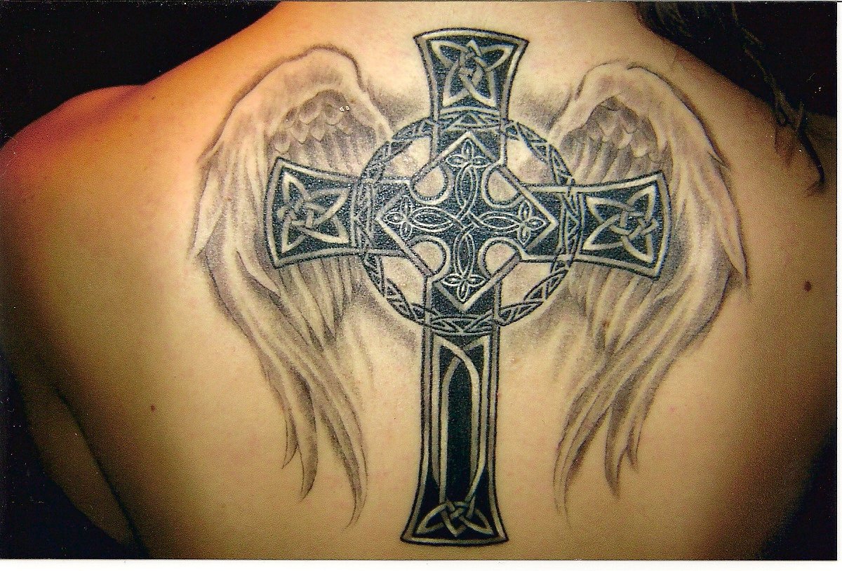 Angel winged Celtic cross tattoo design on back for men