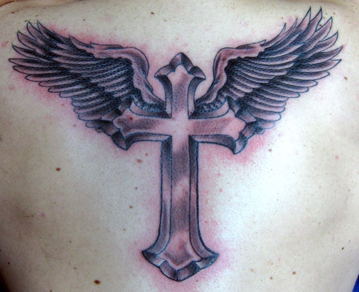 Angel winged black ink cross tattoo on back