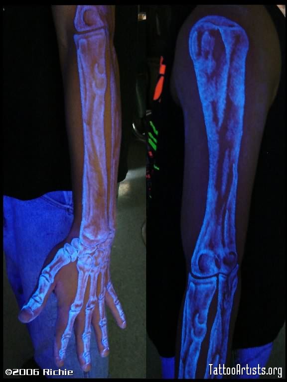 Arm Skeleton White Ink Tattoo Under Black Light