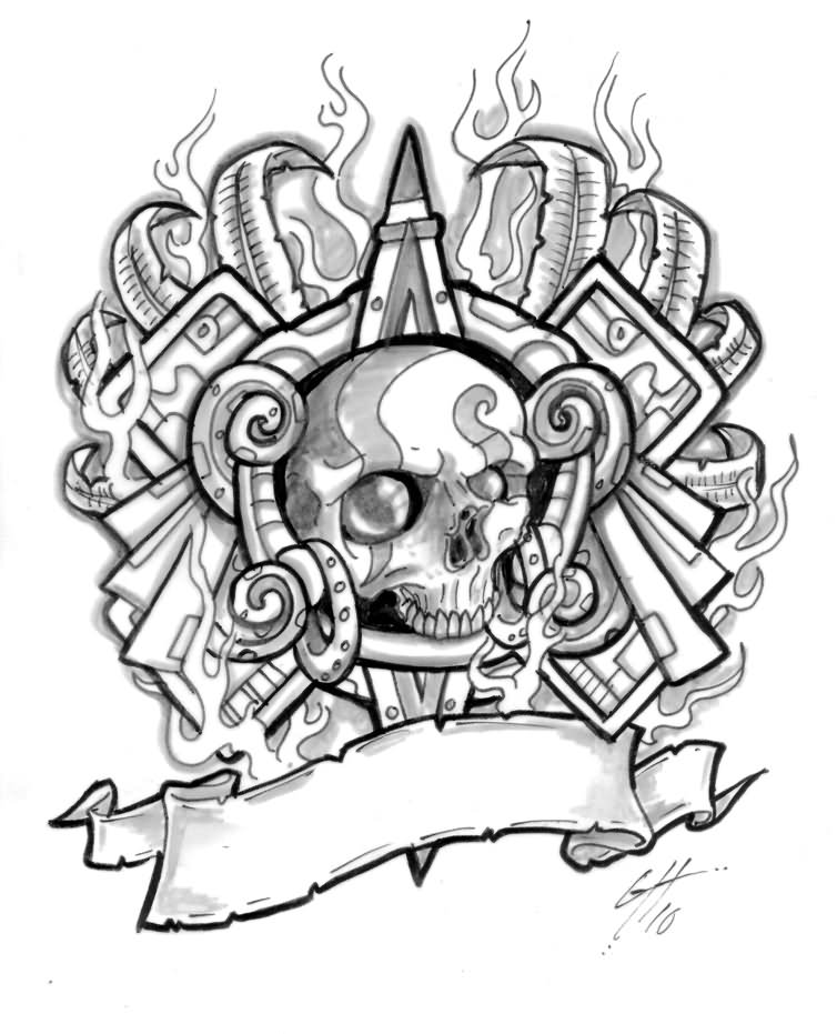 Awesome Aztec Skull With Ribbon Tattoo Design By TheMacRat