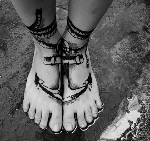 Awesome Black And Grey Anchor Tattoo On Feet