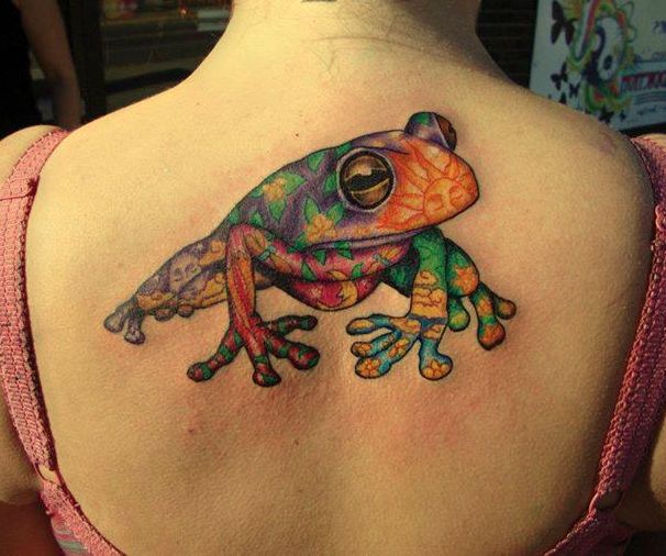 Awesome Colorful Frog Tattoo On Girl Upper Back