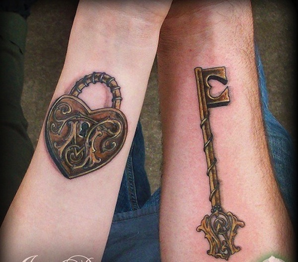 Awesome Heart Shape Lock And Key Tattoo On Couple Forearm