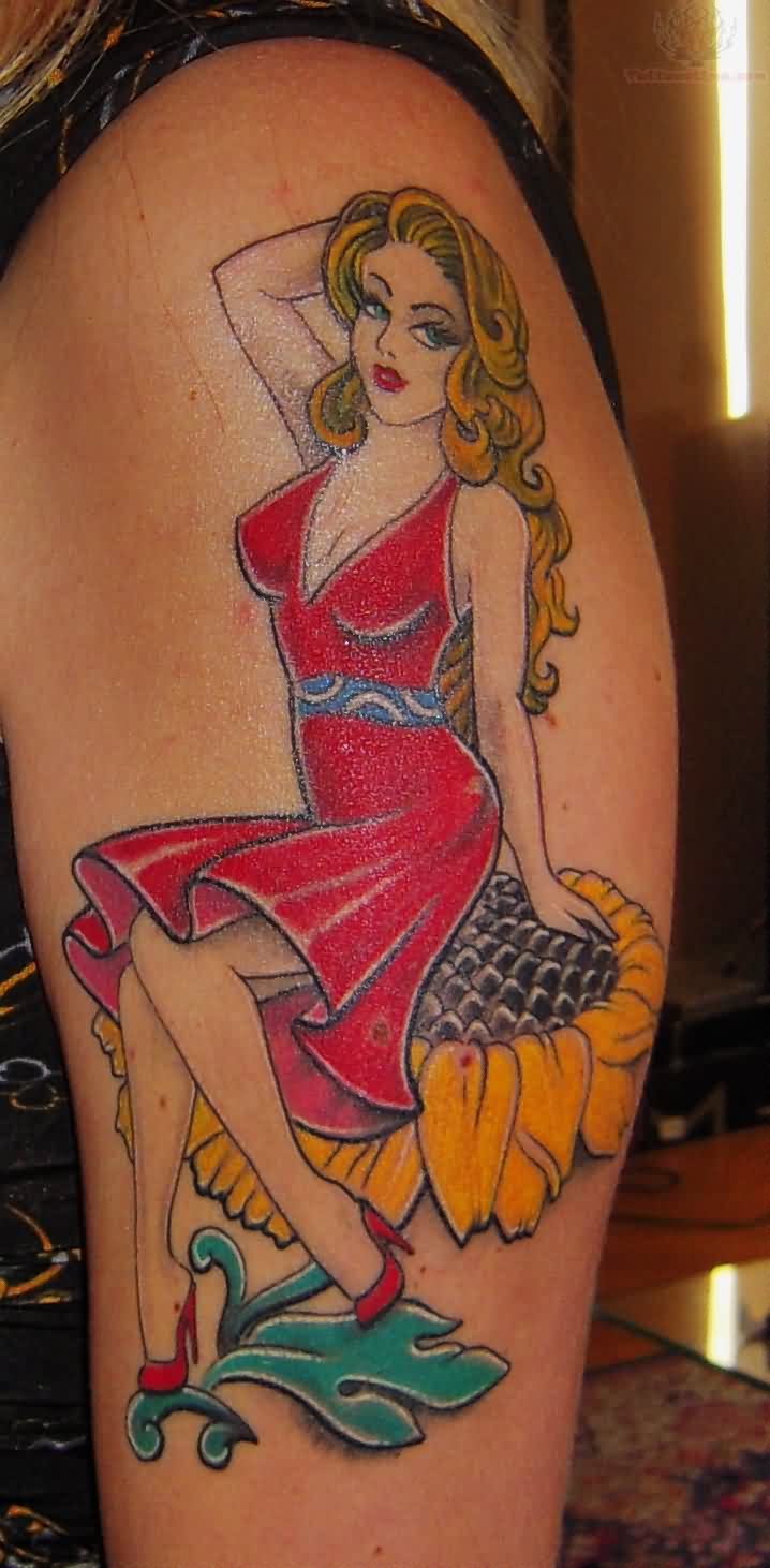 Awesome Pin Up Girl Tattoo On Left Half Sleeve