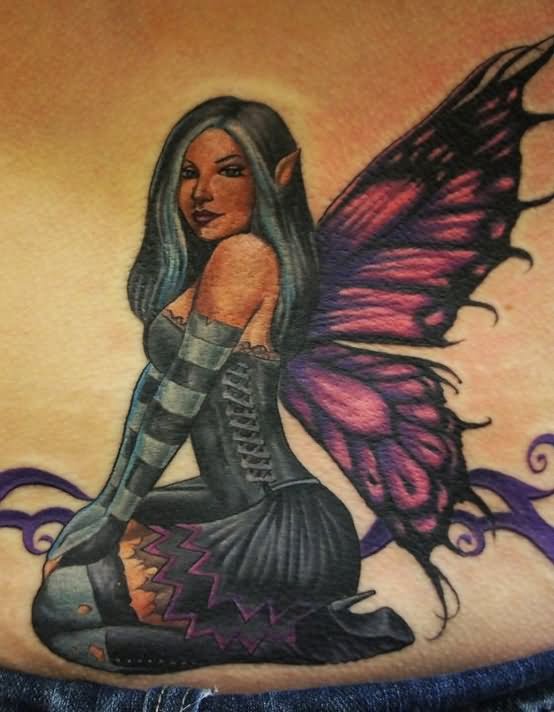 Awesome Pin Up Girl With Butterfly Wings Tattoo Design
