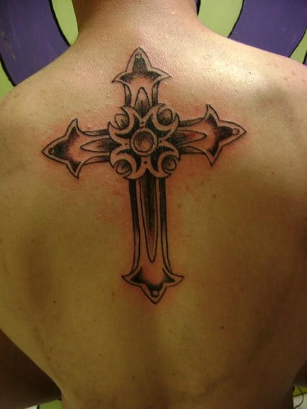 Awesome black and grey cross tattoo design on back