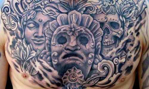 Aztec Mask Tattoos On Chest For Men