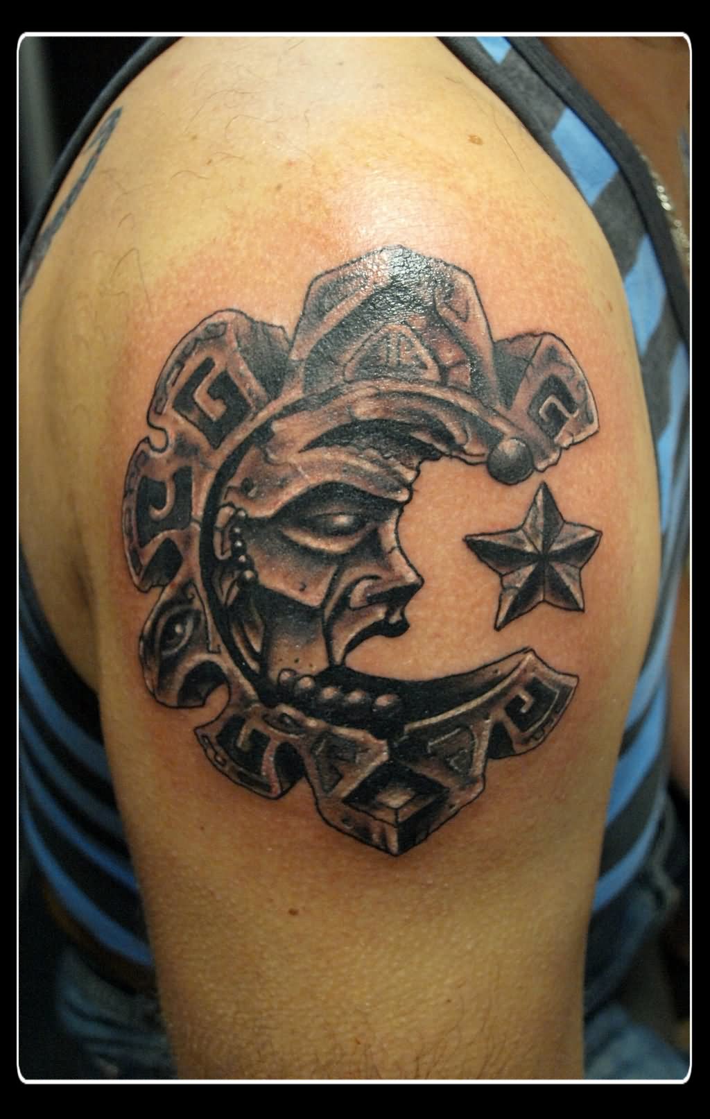 Aztec Moon Tattoo On Right Shoulder