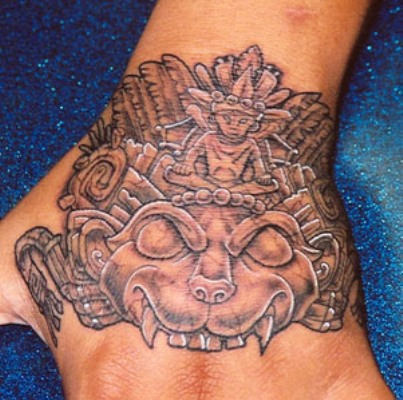 Aztec Skull Head Tattoo On Left Hand