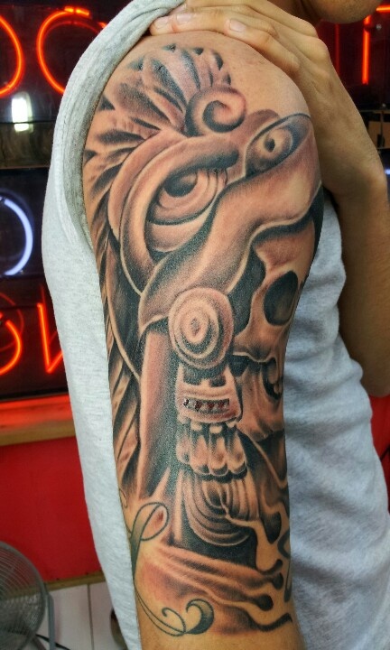 Aztec Tattoo On Half Sleeve by Adrian Flores