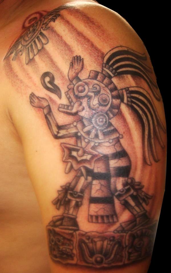 Aztec Tattoo On Man Left Half Sleeve