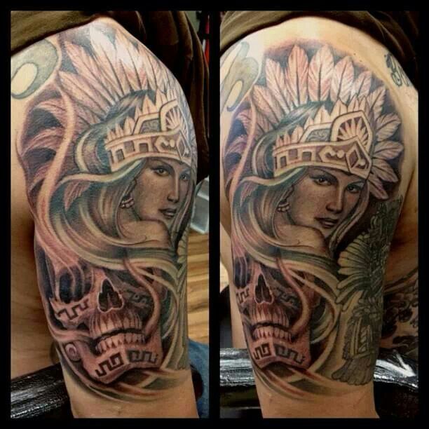 Aztec Warrior Girl With Skull Tattoo On Shoulder