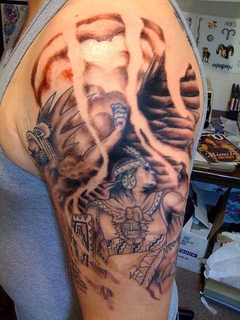 Aztec Warriors Tattoo On Left Half Sleeve