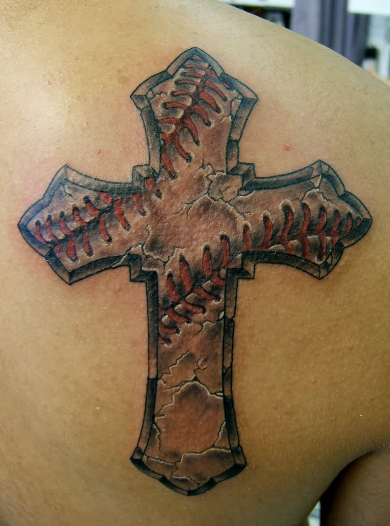 Baseball Stitched Cross Tattoo on Back Shoulder