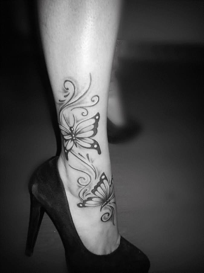 Beautiful Black And Grey Butterfly Tattoos On Ankle