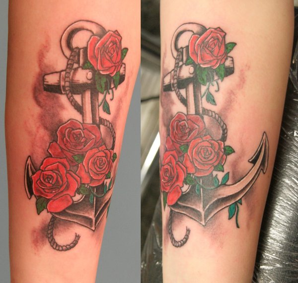 Beautiful Red Roses And Anchor Tattoo On Arm Sleeve