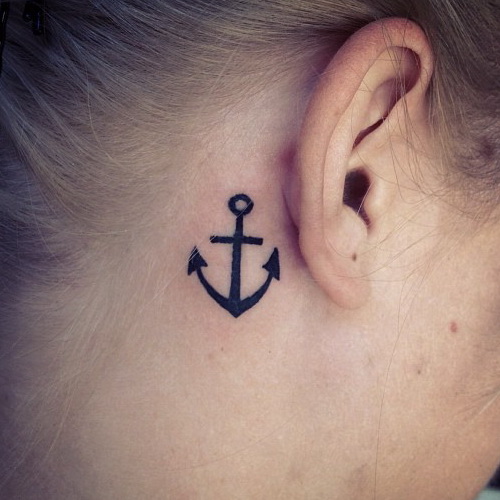 Black Anchor Tattoo Behind The Ear