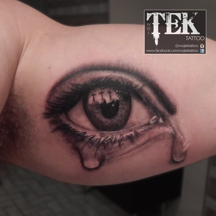 Black And Grey 3D Crying Eye Tattoo On Bicep