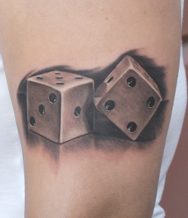 Black And Grey 3D Two Dice Tattoo Design For Thigh