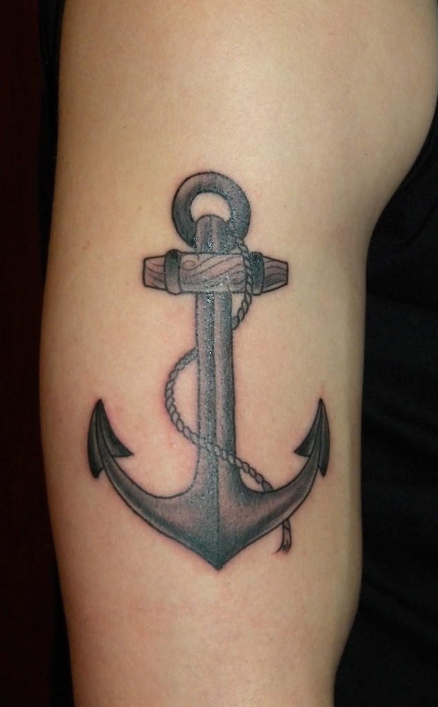 Black And Grey Anchor Tattoo On Right Half Sleeve