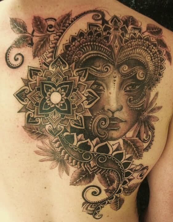 Black And Grey Aztec Girl Face With Flower Tattoo On Right Back Shoulder