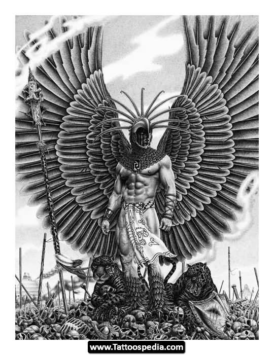 Black And Grey Aztec Warrior With Wings Tattoo Design