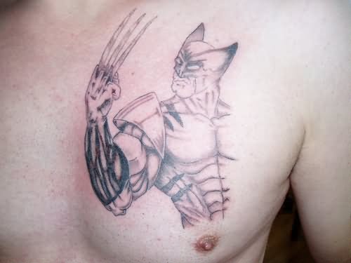 Black And Grey Cartoon Wolverine Tattoo On Man Chest