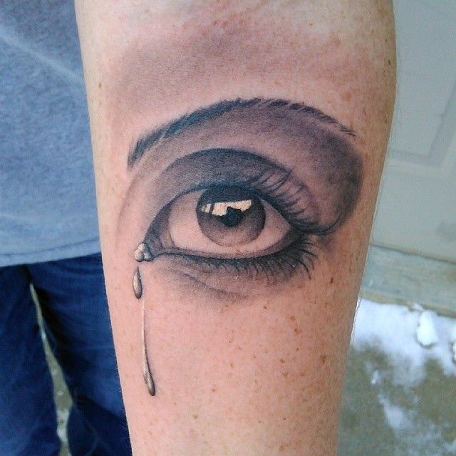 Black And Grey Crying Eye Tattoo Design For Forearm