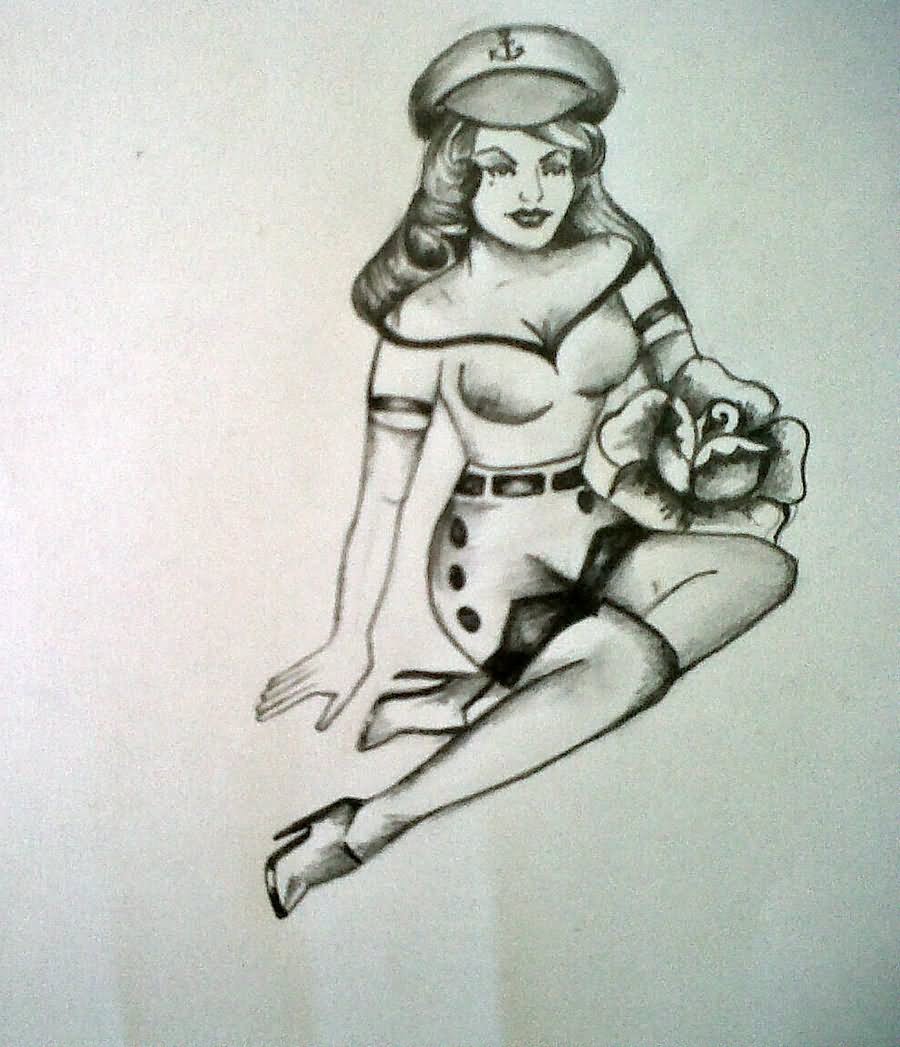 Black And Grey Pin Up Captain Girl Tattoo Design