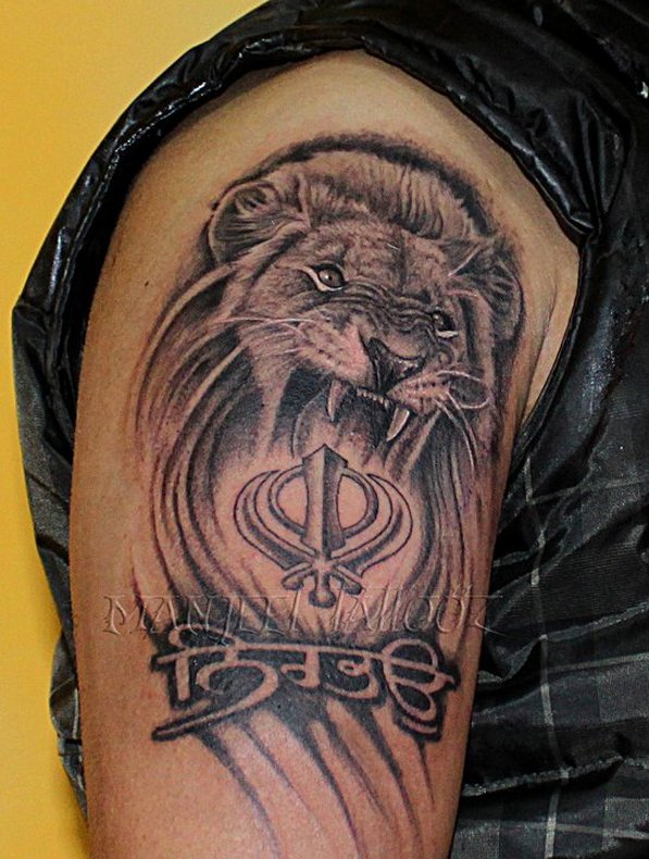 Black And Grey Sikhism Khanda With Roaring Lion Head Tattoo On Right Shoulder