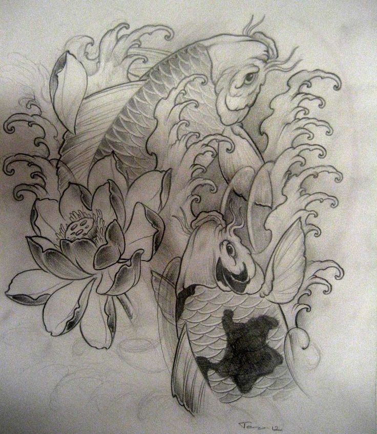 Black And Grey Two Koi With Flower Tattoo Design By TeroKiiskinen