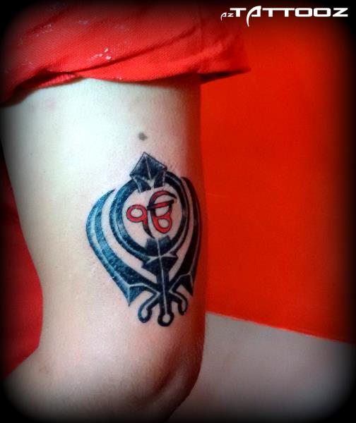 Black And Red Ek Onkar In Khanda Tattoo Design For Half Sleeve