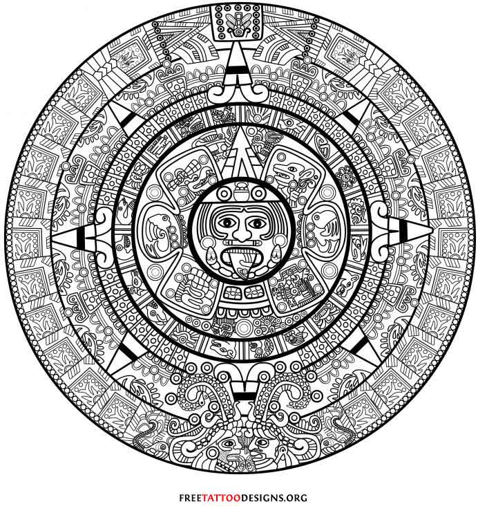 Black Aztec Calendar Tattoo Stencil
