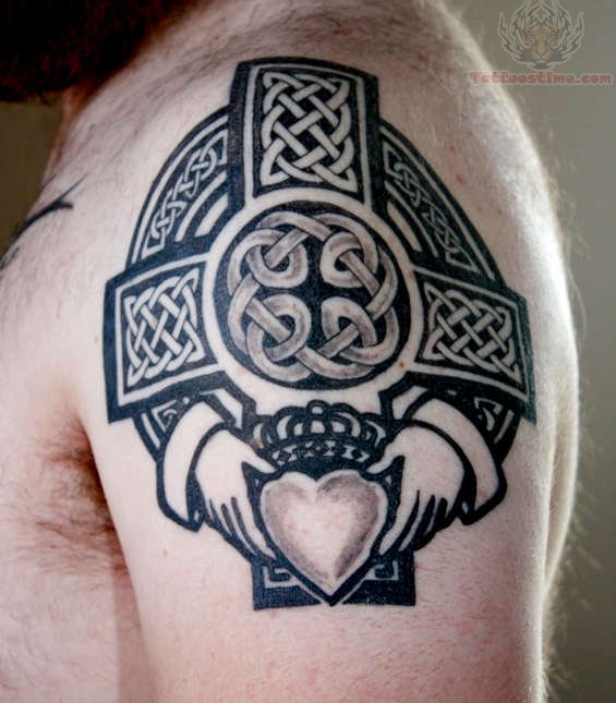Black Celtic Cross Claddagh Tattoo On Man Left Shoulder