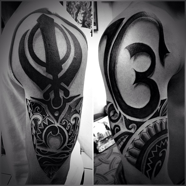 Black Ek Onkar And Khanda Tattoo Design For Shoulder