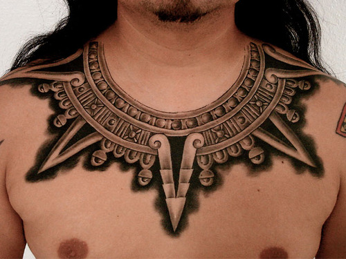 Black Ink Aztec Necklace Tattoo On Man Collarbone