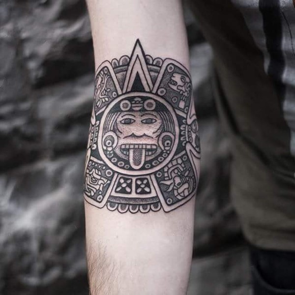 Black Ink Aztec Sun Tattoo Design For Forearm