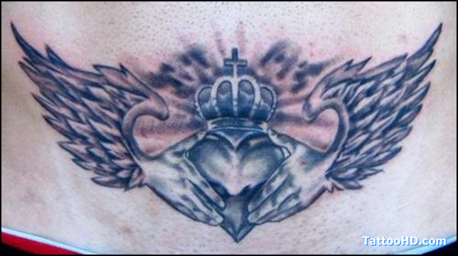 Black Ink Claddagh With Wings Tattoo Design