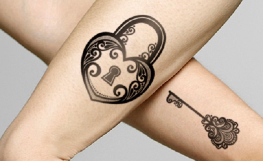 Black Ink Lock And Key Tattoo On Couple Forearm