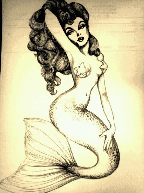 Black Ink Pin Up Mermaid Tattoo Design By Mckensey